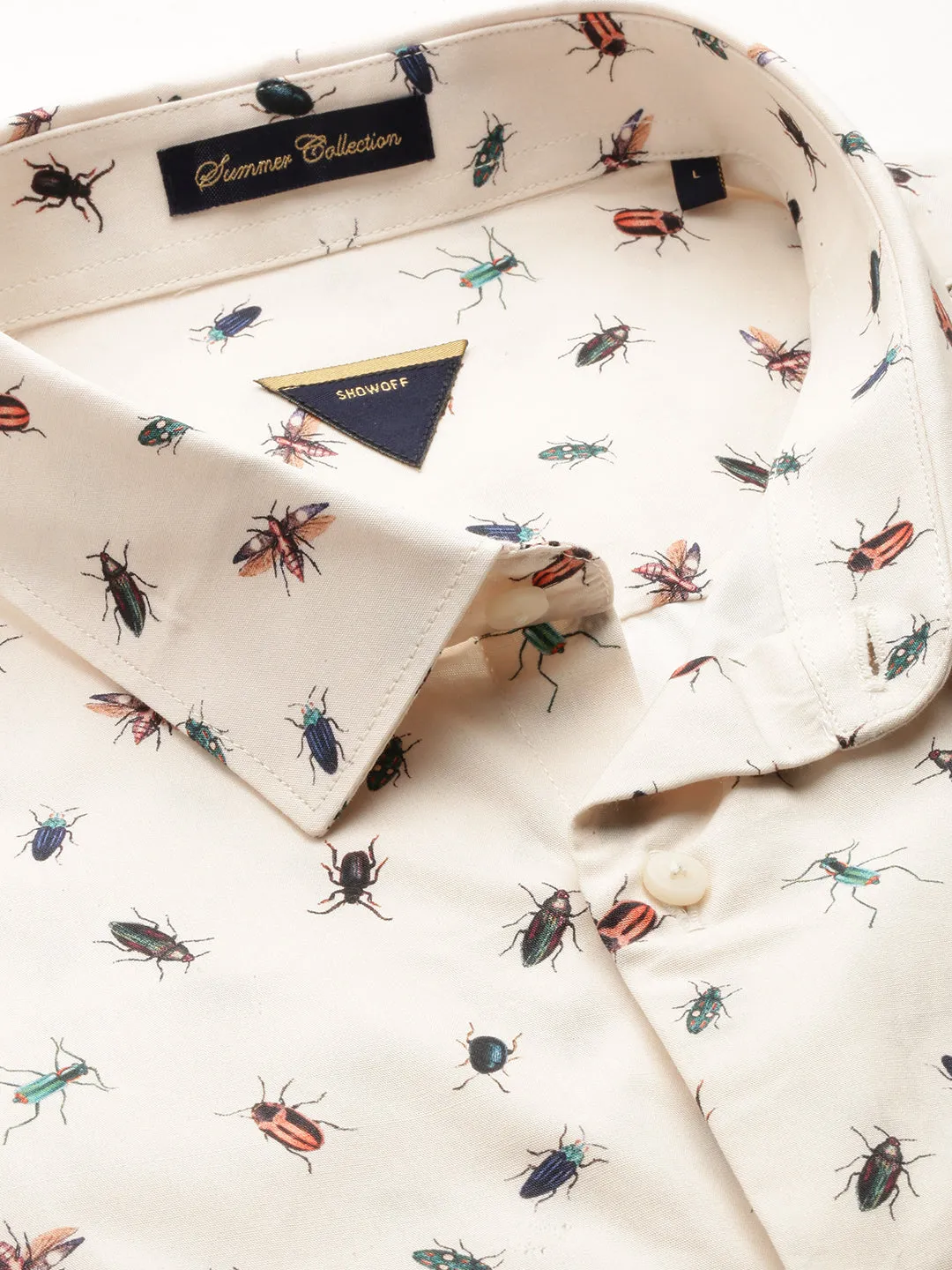 Men Cream Standard Slim Fit Conversational Printed Oxford Weave Cotton Casual Shirt