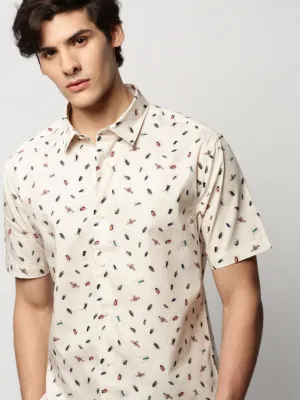 Men Cream Standard Slim Fit Conversational Printed Oxford Weave Cotton Casual Shirt
