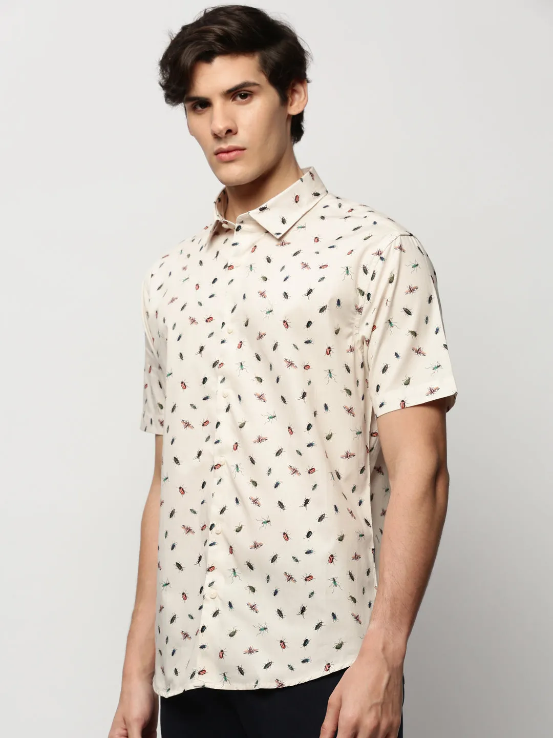 Men Cream Standard Slim Fit Conversational Printed Oxford Weave Cotton Casual Shirt