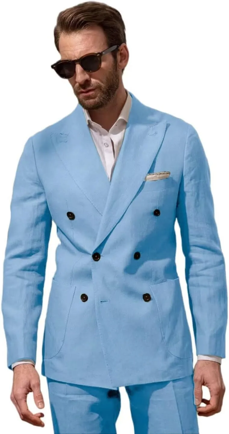Men Double Breasted Linen Suits 2 Piece Suits for Men Summer Wedding Regular Fit Big and Tall Lightweight