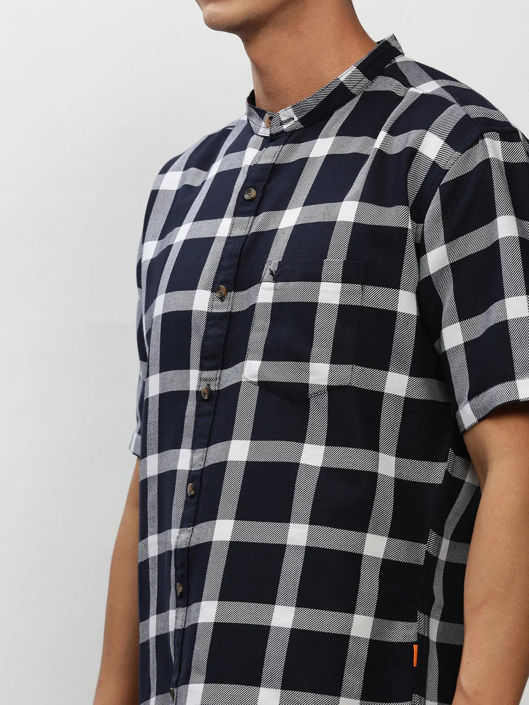Men Navy Blue Standard Windowpane Checked Twill Cotton Slim Fit Casual Shirt
