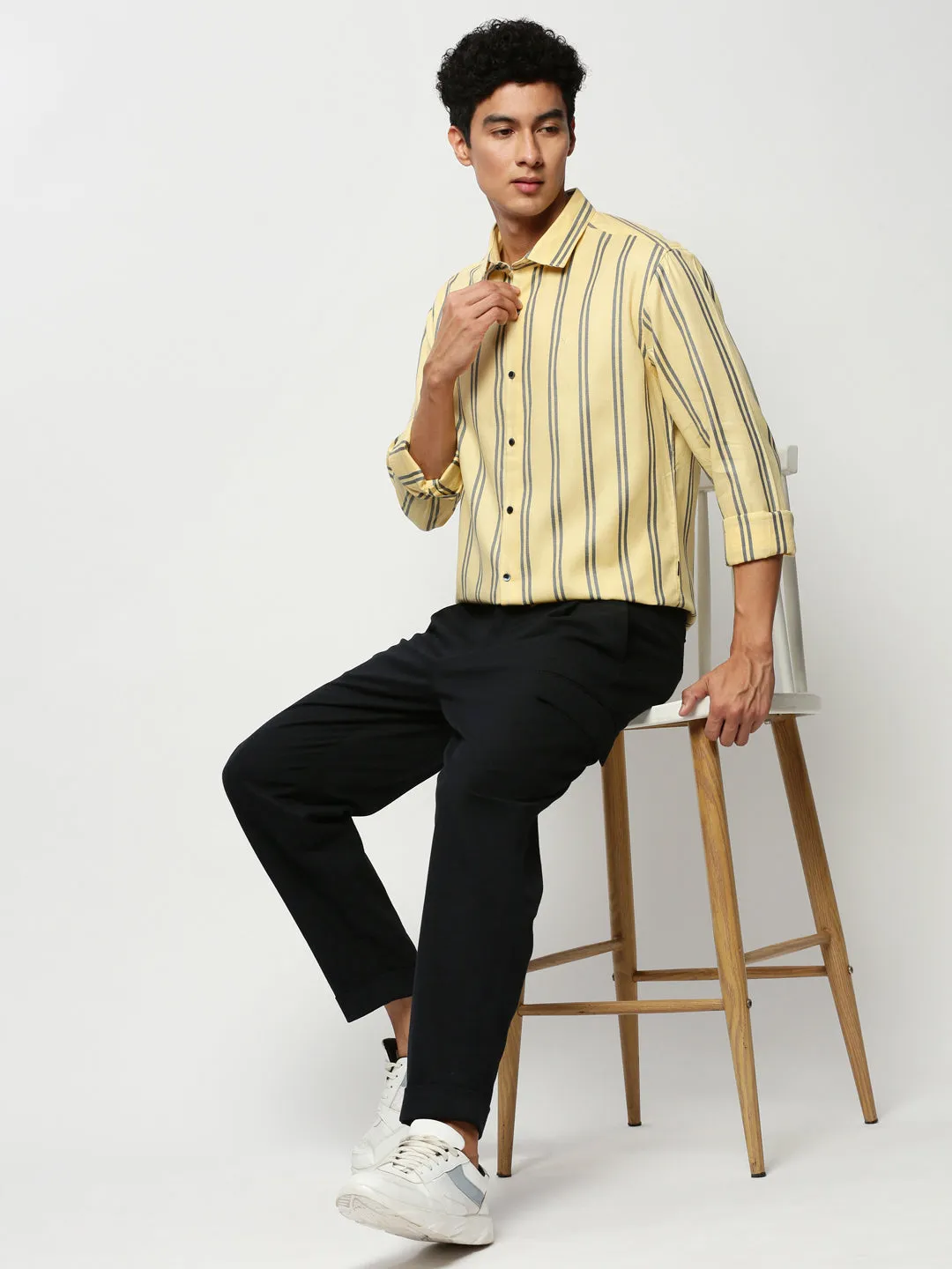 Men Yellow Slim Fit Vertical Striped Cotton Casual Shirt