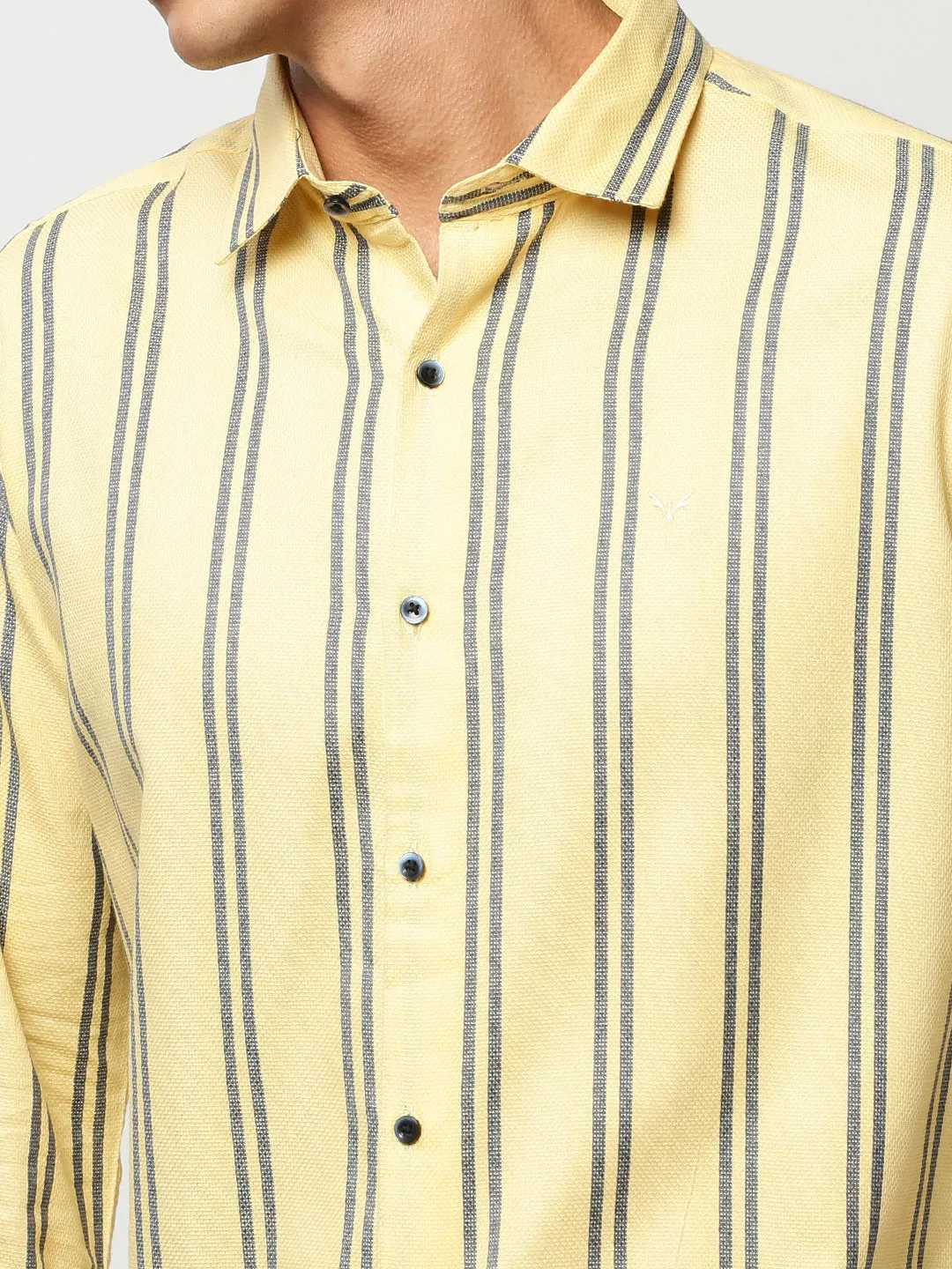Men Yellow Slim Fit Vertical Striped Cotton Casual Shirt