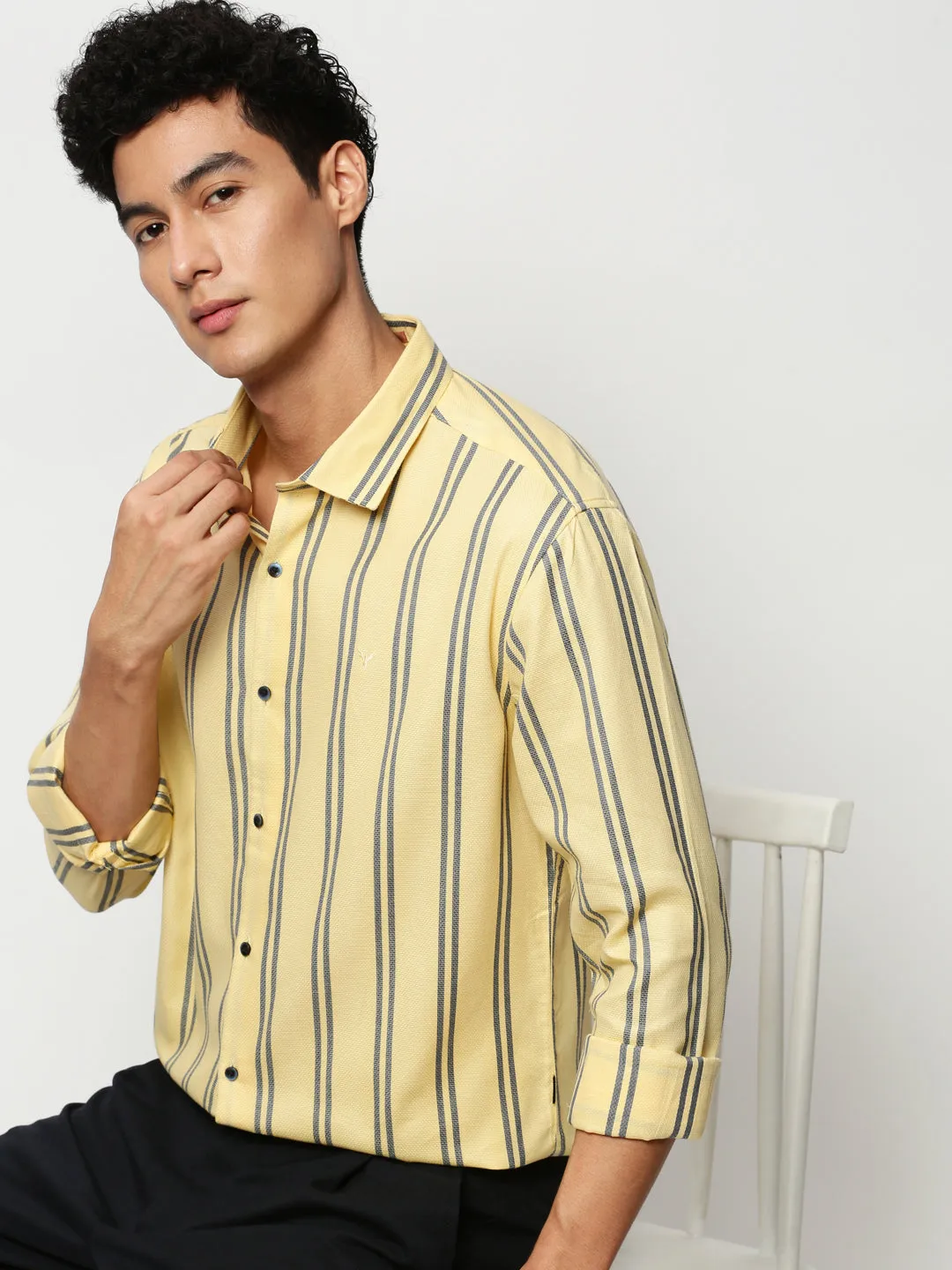 Men Yellow Slim Fit Vertical Striped Cotton Casual Shirt