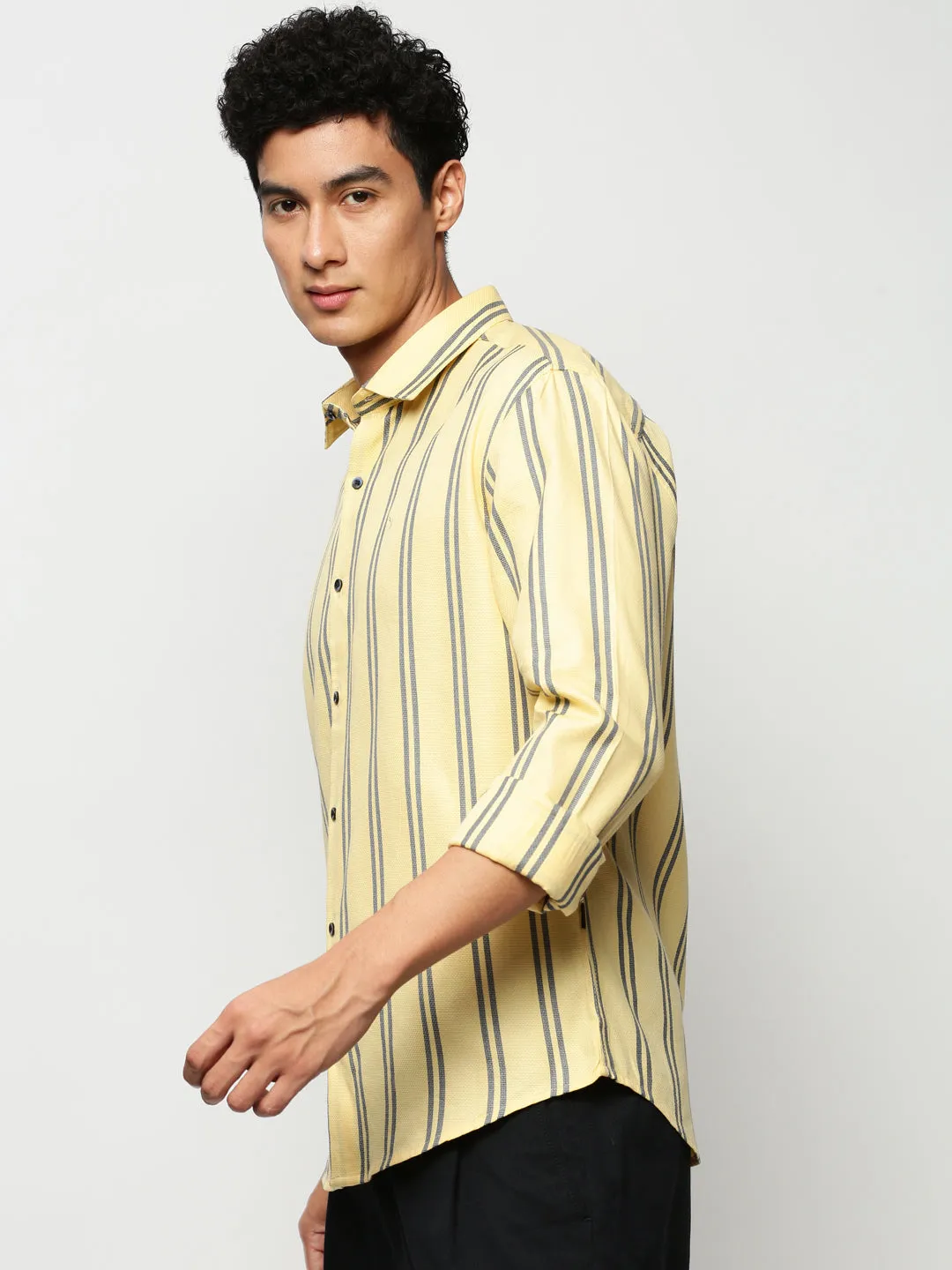 Men Yellow Slim Fit Vertical Striped Cotton Casual Shirt