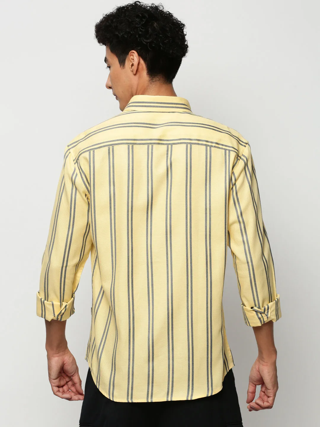 Men Yellow Slim Fit Vertical Striped Cotton Casual Shirt