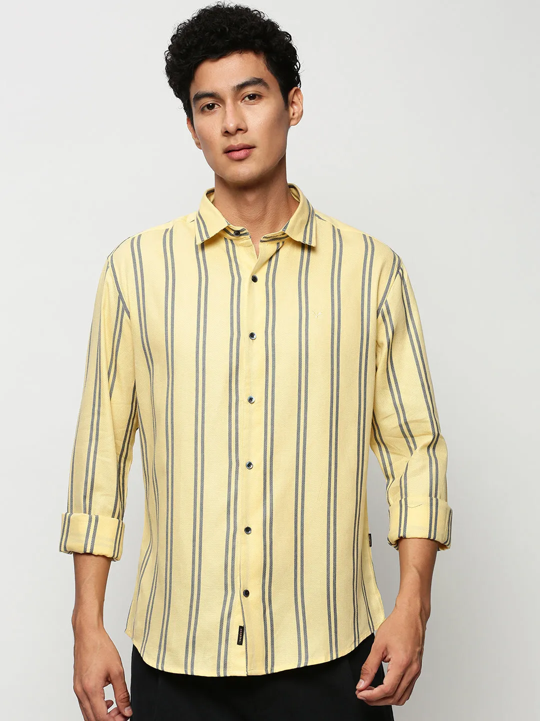 Men Yellow Slim Fit Vertical Striped Cotton Casual Shirt
