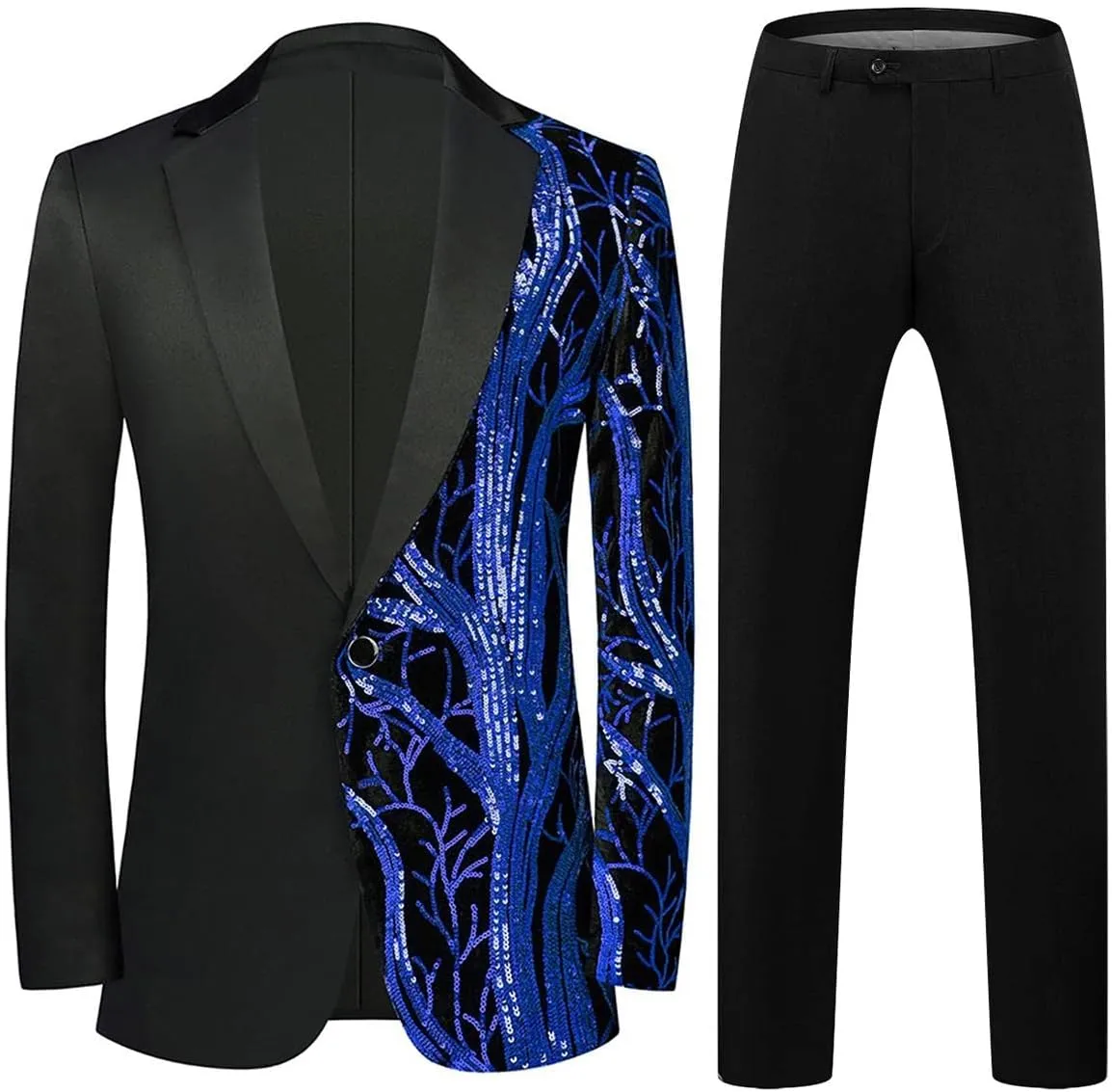 Mens 2 Piece Suit Slim Fit Sequin Shiny One Button Tuxedo Black Sequin Jacket Pants Sets for Wedding Party Prom