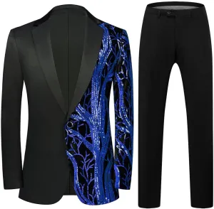 Mens 2 Piece Suit Slim Fit Sequin Shiny One Button Tuxedo Black Sequin Jacket Pants Sets for Wedding Party Prom