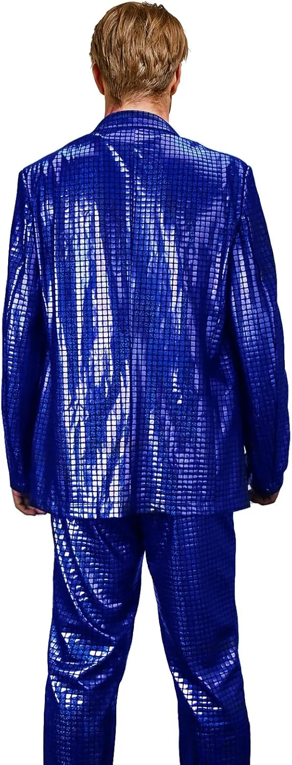Mens 2 Pieces Disco Costume Jacket Pants Outfit Set Adult 70s Shiny Metallic Sequin Halloween Cosplay Party Suit