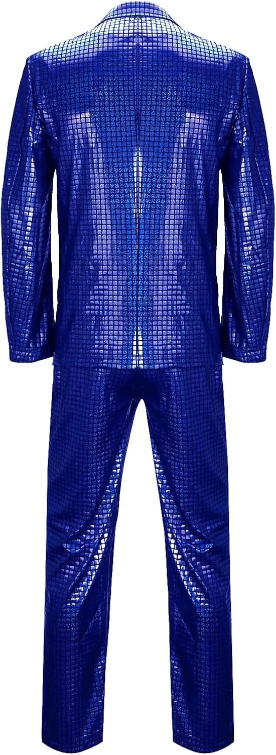 Mens 2 Pieces Disco Costume Jacket Pants Outfit Set Adult 70s Shiny Metallic Sequin Halloween Cosplay Party Suit