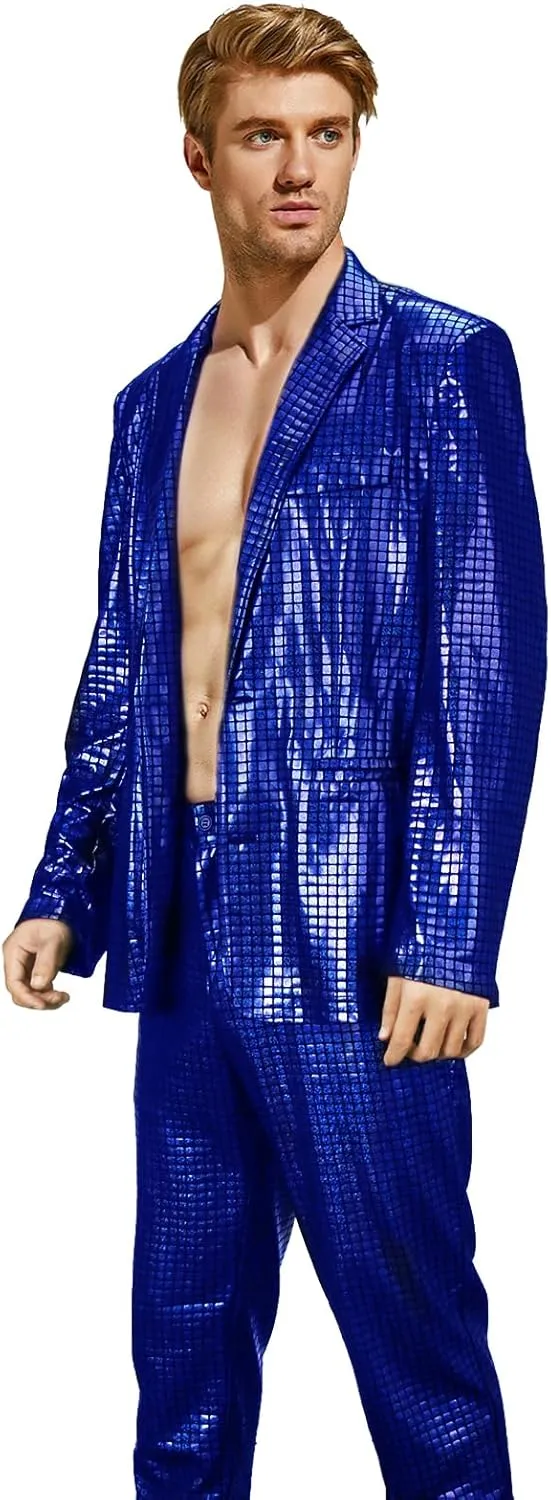Mens 2 Pieces Disco Costume Jacket Pants Outfit Set Adult 70s Shiny Metallic Sequin Halloween Cosplay Party Suit