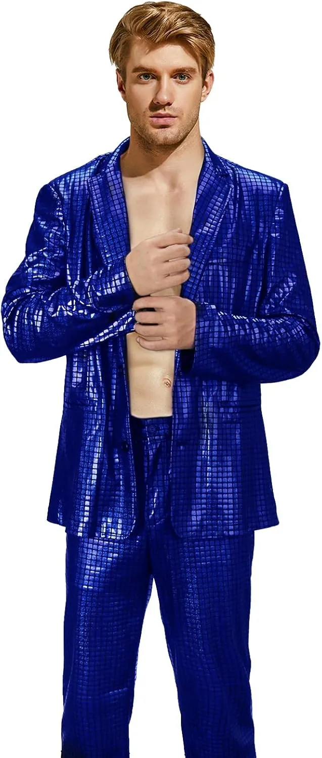 Mens 2 Pieces Disco Costume Jacket Pants Outfit Set Adult 70s Shiny Metallic Sequin Halloween Cosplay Party Suit