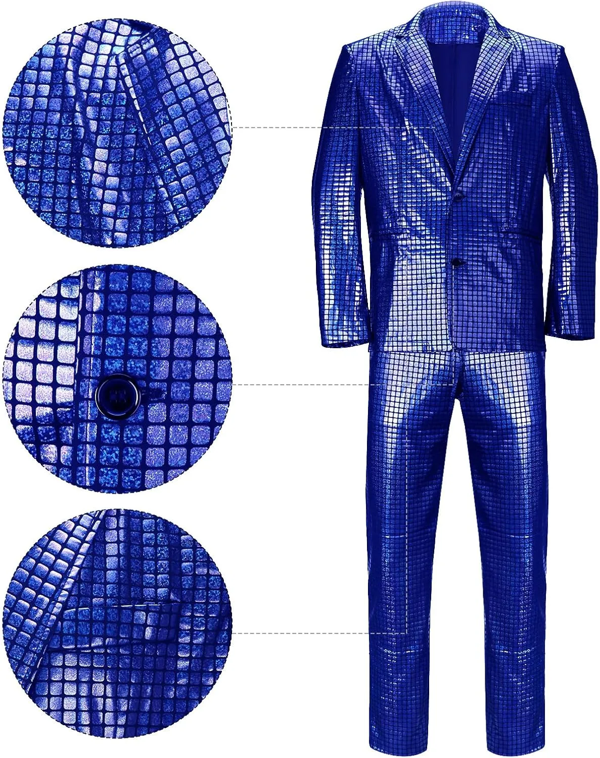 Mens 2 Pieces Disco Costume Jacket Pants Outfit Set Adult 70s Shiny Metallic Sequin Halloween Cosplay Party Suit