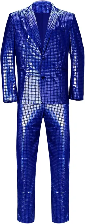 Mens 2 Pieces Disco Costume Jacket Pants Outfit Set Adult 70s Shiny Metallic Sequin Halloween Cosplay Party Suit