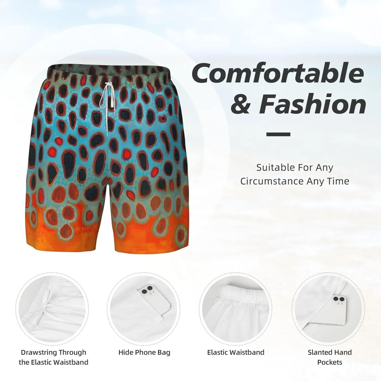 Mens Double Layer Swim Trunks Rainbow Trout Skin Board Short Beach Short with Mesh Lining Swimwear 10