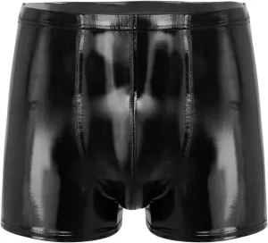 Mens Latex Faux Leather Boxer Shorts Shiny Metallic Briefs Bulge Pouch Hot Pants Swim Trunks