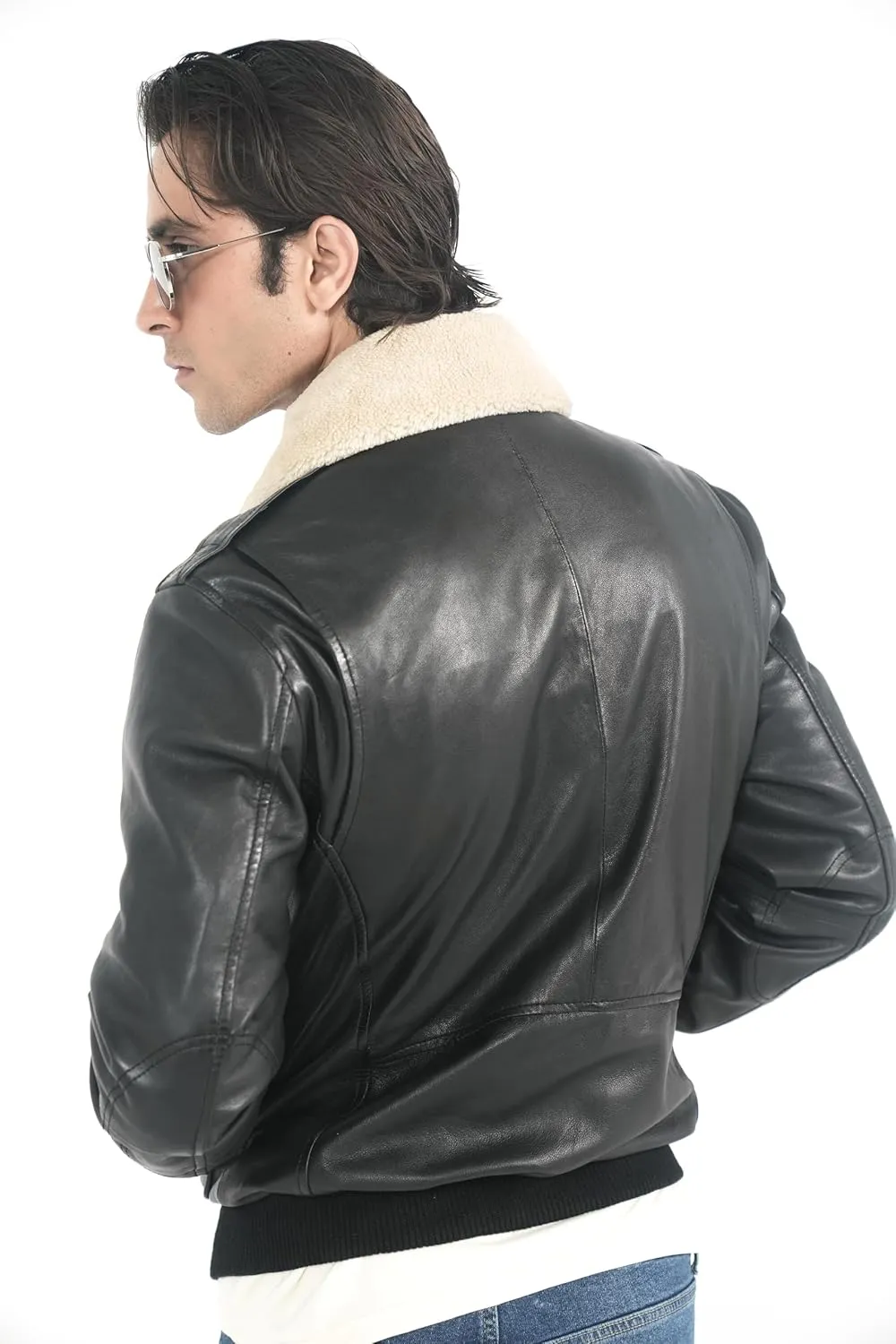 Mens leather jacket Genuine Lambskin Bomber Jacket men Brown with Removable Sherpa Collar Premium Leather jacket men