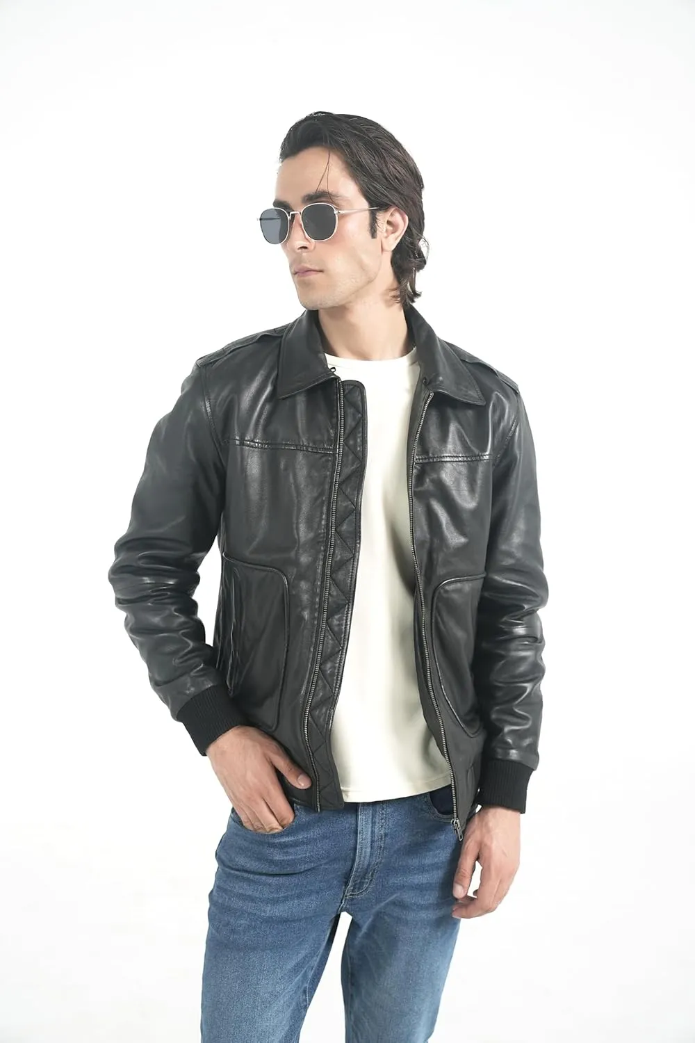 Mens leather jacket Genuine Lambskin Bomber Jacket men Brown with Removable Sherpa Collar Premium Leather jacket men