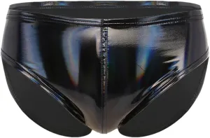 Men's Sexy Solid Color Patent Leather Briefs Low Waist Elastic Waistband Shorts Black B XXL