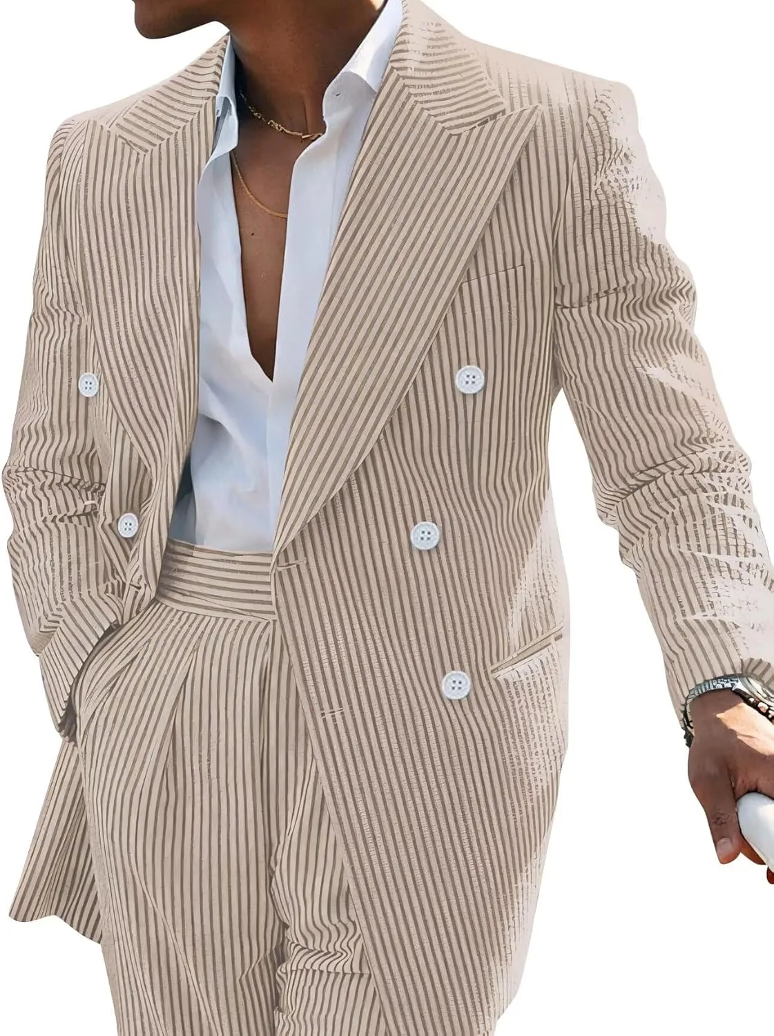 Men's Striped Seersucker Suits 2 Piece Slim Fit Wedding Tuxedo Summer Beach Leisure Suits Sets