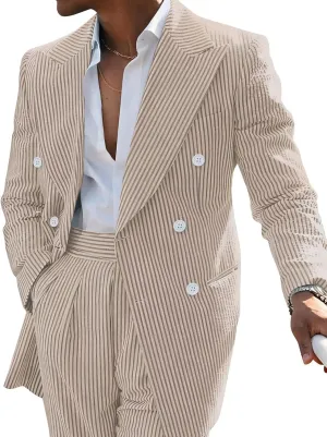 Men's Striped Seersucker Suits 2 Piece Slim Fit Wedding Tuxedo Summer Beach Leisure Suits Sets