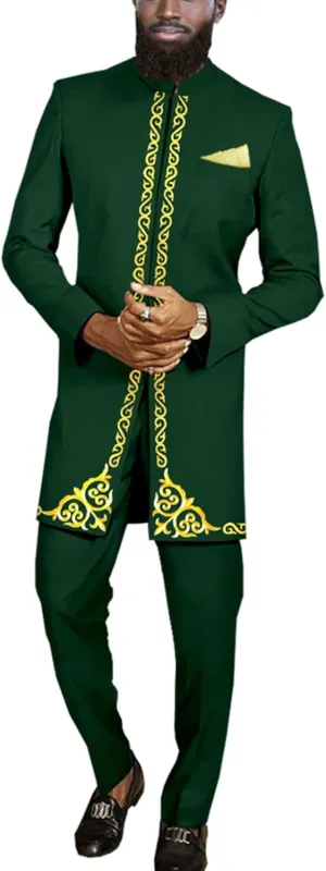 Men`s Suit African Clothes Embroidery Blazer and Pants 2 Piece Set Formal Outfits Dashiki Attire