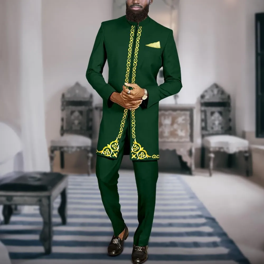 Men`s Suit African Clothes Embroidery Blazer and Pants 2 Piece Set Formal Outfits Dashiki Attire