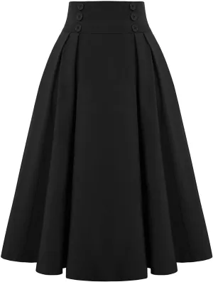 Midi Skirts for Women Button Elastic High Waist Pleated A Line Skirts Summer Loose Casual Skirt for Women