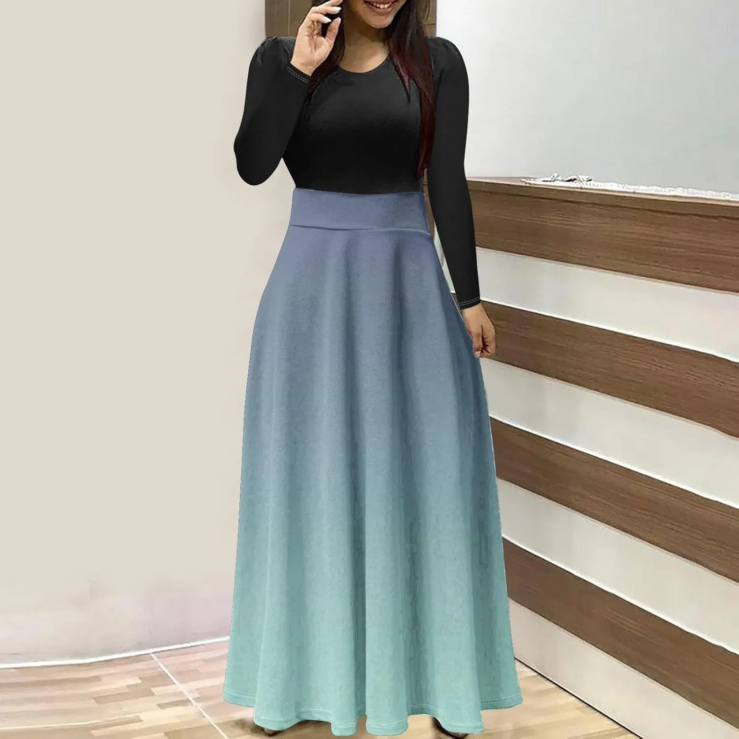 MRGIINRI Womens Long Sleeve Maxi Dress 2024 Fall Casual Crewneck Tunic Dresses Elegant High Waist Elastic Cocktail Party Gown