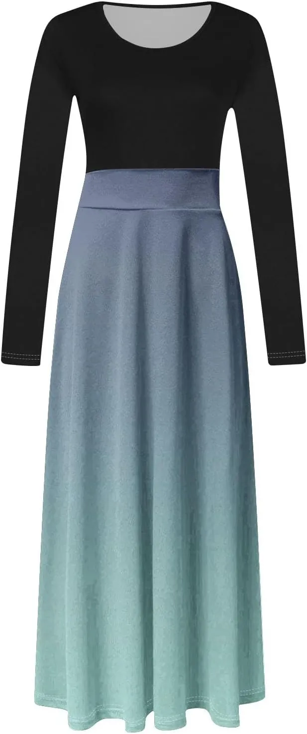 MRGIINRI Womens Long Sleeve Maxi Dress 2024 Fall Casual Crewneck Tunic Dresses Elegant High Waist Elastic Cocktail Party Gown