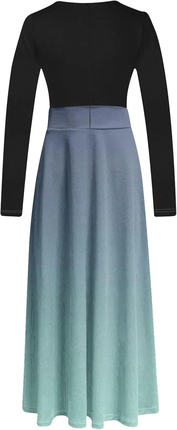 MRGIINRI Womens Long Sleeve Maxi Dress 2024 Fall Casual Crewneck Tunic Dresses Elegant High Waist Elastic Cocktail Party Gown