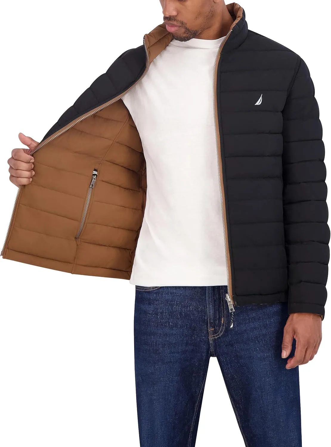 Nautica Men's Stretch Reversible Midweight Puffer Jacket, Wind and Water Resistant