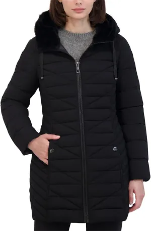 Nautica Women's 3/4 Stretch Puffer Jacket with Fur Hood and Half Back