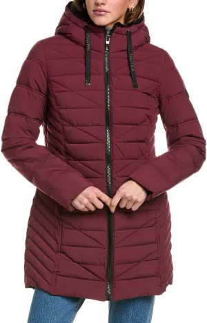 Nautica Women's 3/4 Stretch Puffer Jacket with Fur Hood and Half Back