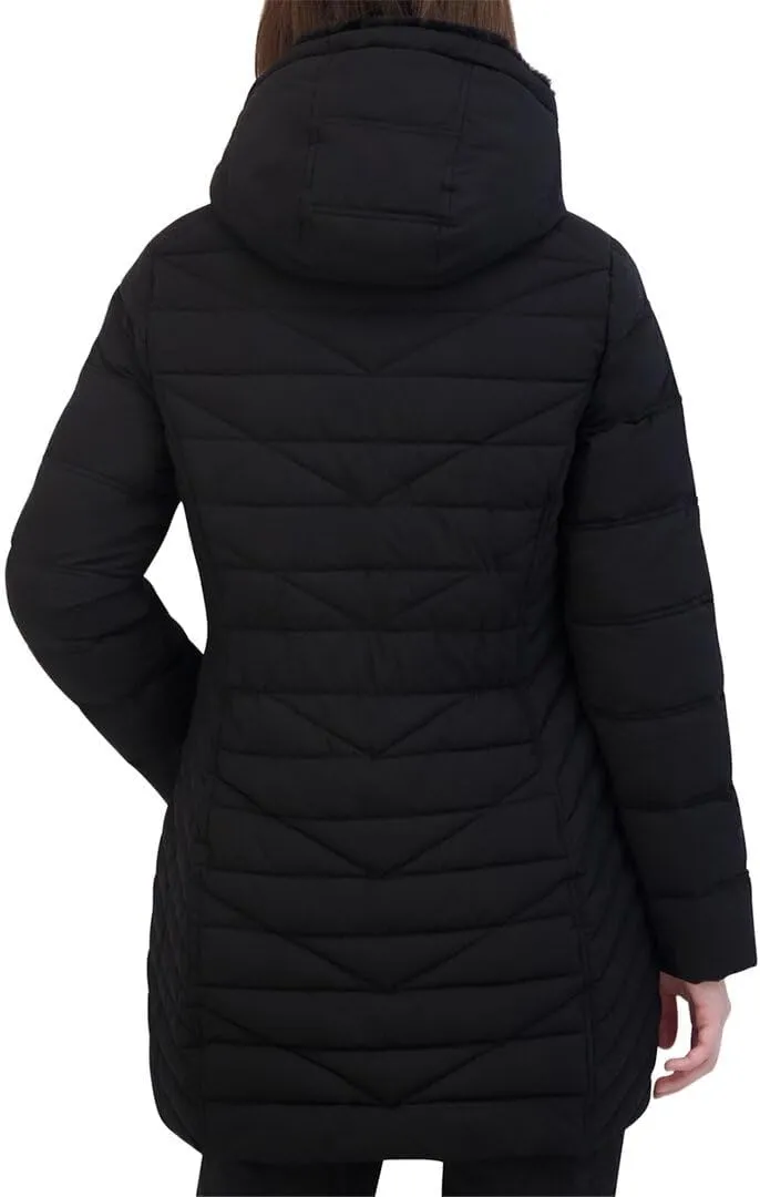Nautica Women's 3/4 Stretch Puffer Jacket with Fur Hood and Half Back