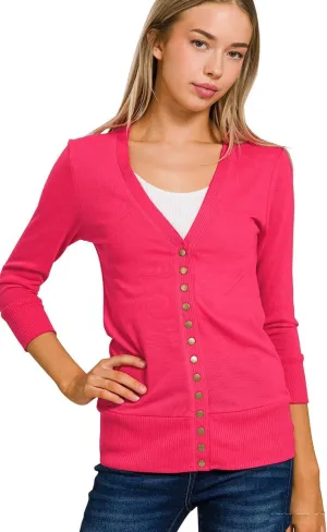 NE PEOPLE Womens Cardigan Sweater  Classic 3/4 Sleeve Snap Button Down Ribbed Hem Knit Lightweight Knitted Top