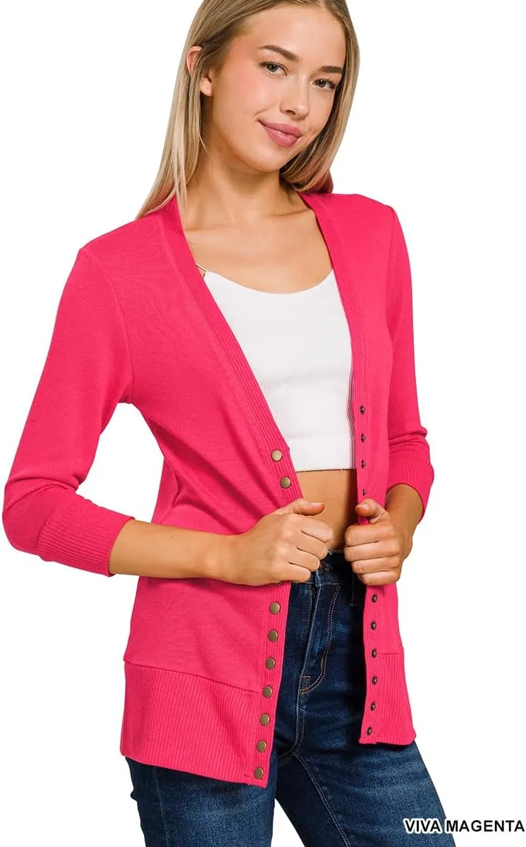 NE PEOPLE Womens Cardigan Sweater  Classic 3/4 Sleeve Snap Button Down Ribbed Hem Knit Lightweight Knitted Top
