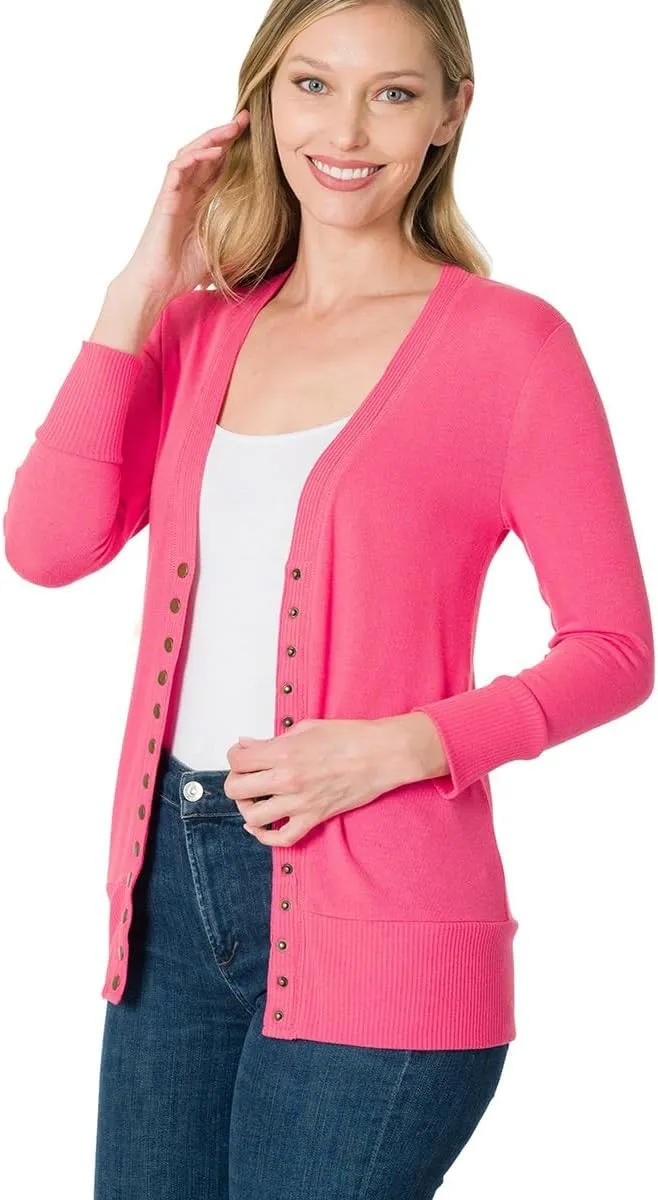 NE PEOPLE Womens Cardigan Sweater  Classic 3/4 Sleeve Snap Button Down Ribbed Hem Knit Lightweight Knitted Top