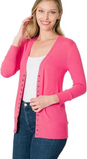NE PEOPLE Womens Cardigan Sweater  Classic 3/4 Sleeve Snap Button Down Ribbed Hem Knit Lightweight Knitted Top