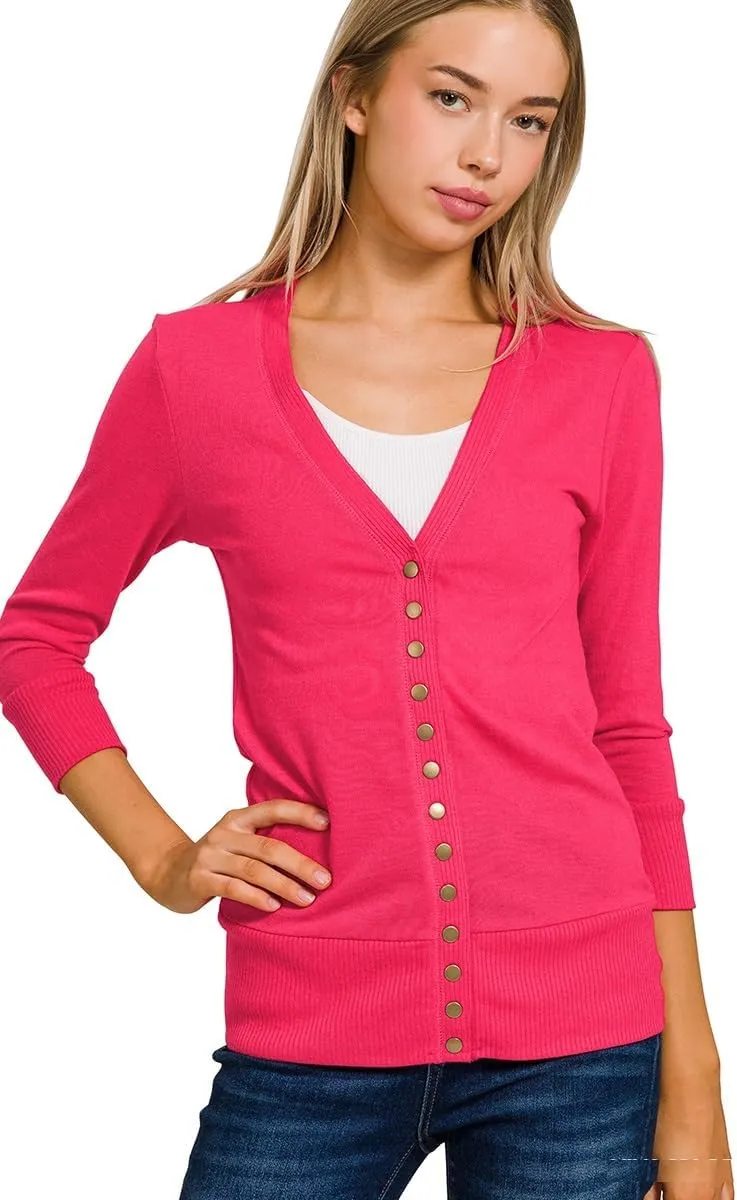 NE PEOPLE Womens Cardigan Sweater  Classic 3/4 Sleeve Snap Button Down Ribbed Hem Knit Lightweight Knitted Top