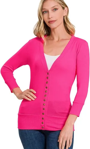 NE PEOPLE Womens Cardigan Sweater  Classic 3/4 Sleeve Snap Button Down Ribbed Hem Knit Lightweight Knitted Top
