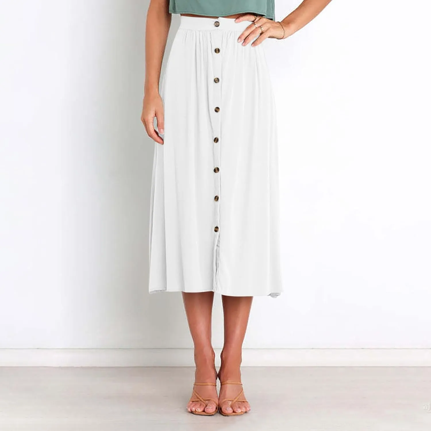 Office Work Long Skirt for Women Casual High Waist Pleated Button Midi Skirt Fashion A-Line Business Maxi Skirts