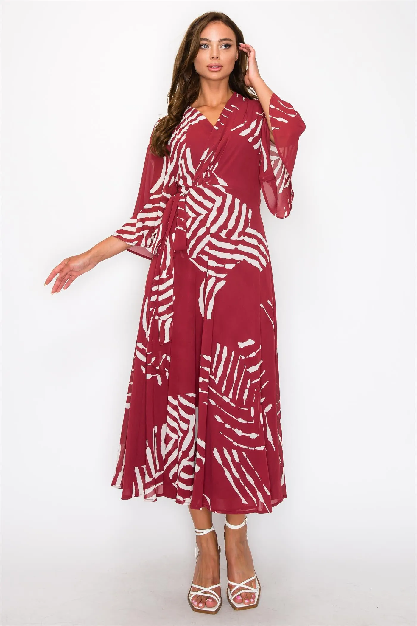 ONETHELAND Chiffon Print Three Fourth Sleeve Wrap V-Neck Maxi Dress In Burgundy