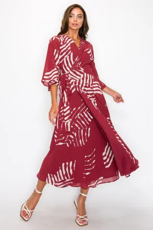 ONETHELAND Chiffon Print Three Fourth Sleeve Wrap V-Neck Maxi Dress In Burgundy
