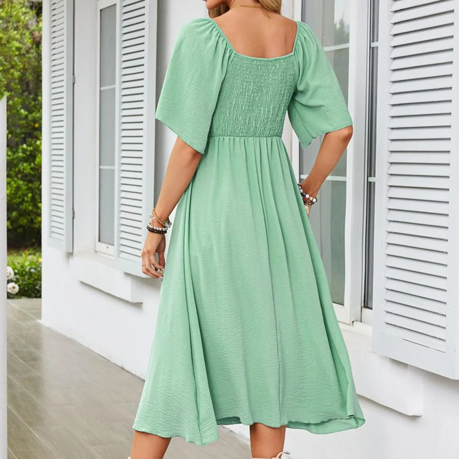 Plus Size Dresses for Curvy Women Summer Casual Deep V Neck Elegant Bow Tie Ruffle Sleeves Flowy A-Line Midi Dress