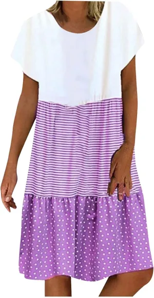 Plus Size Summer Dresses for Women 2024 Tiered Color Block Stripe Shift Dress Swing Casual Flowy Midi Sundresses