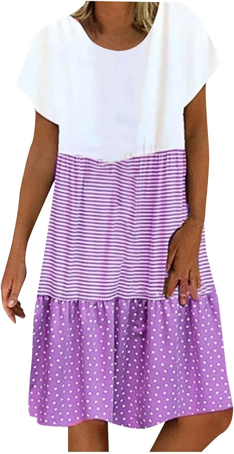Plus Size Summer Dresses for Women 2024 Tiered Color Block Stripe Shift Dress Swing Casual Flowy Midi Sundresses