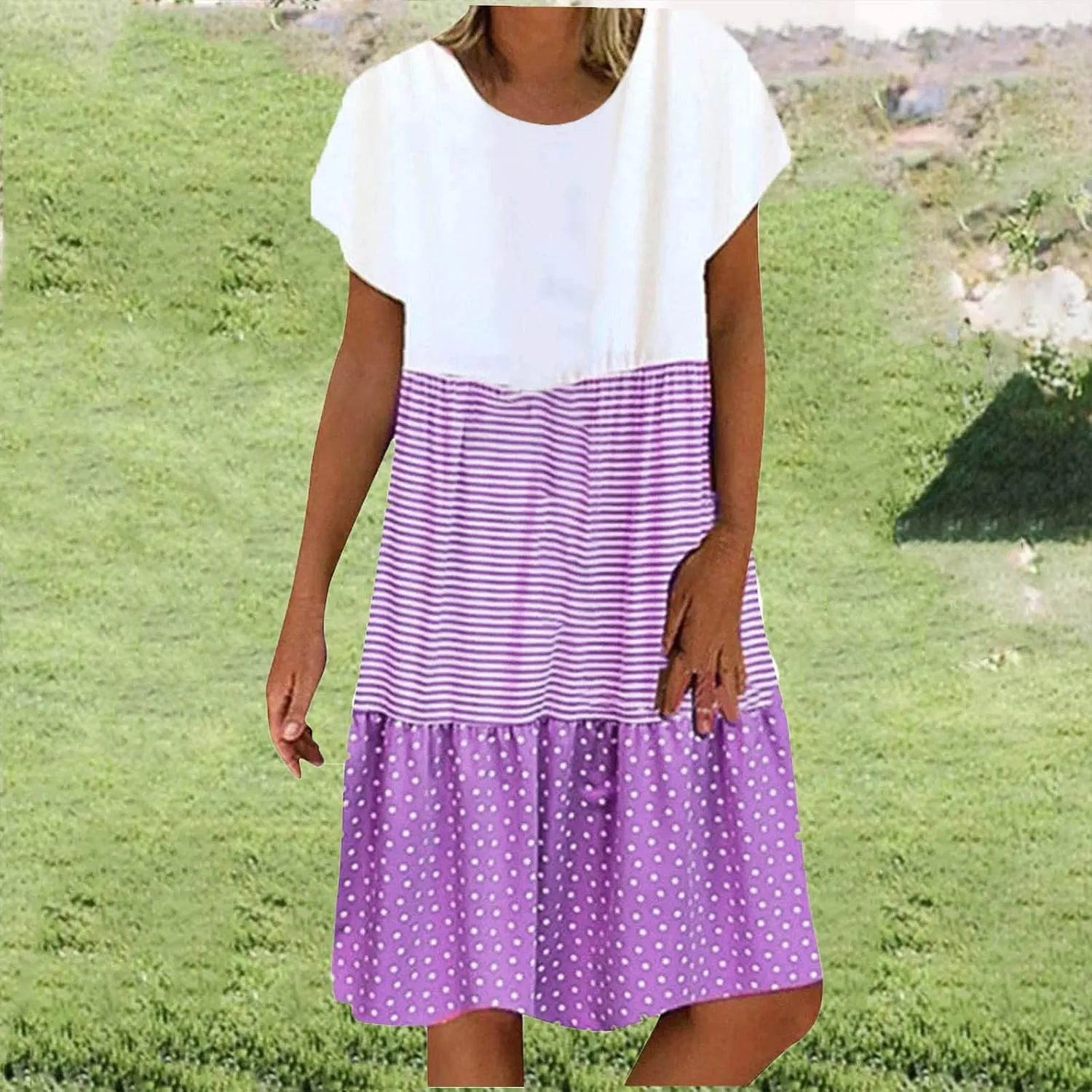 Plus Size Summer Dresses for Women 2024 Tiered Color Block Stripe Shift Dress Swing Casual Flowy Midi Sundresses