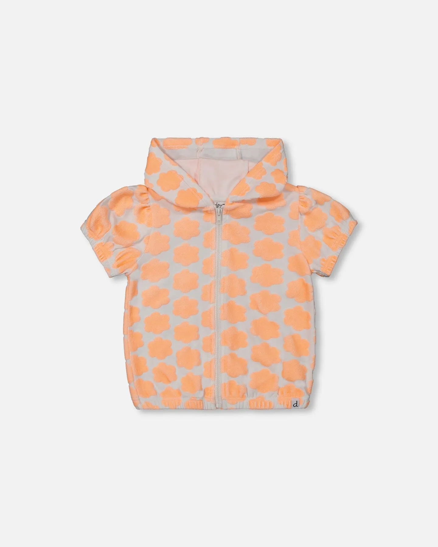 Printed Terry Short Sleeve Hoodie Cardigan Vibrant Orange And White